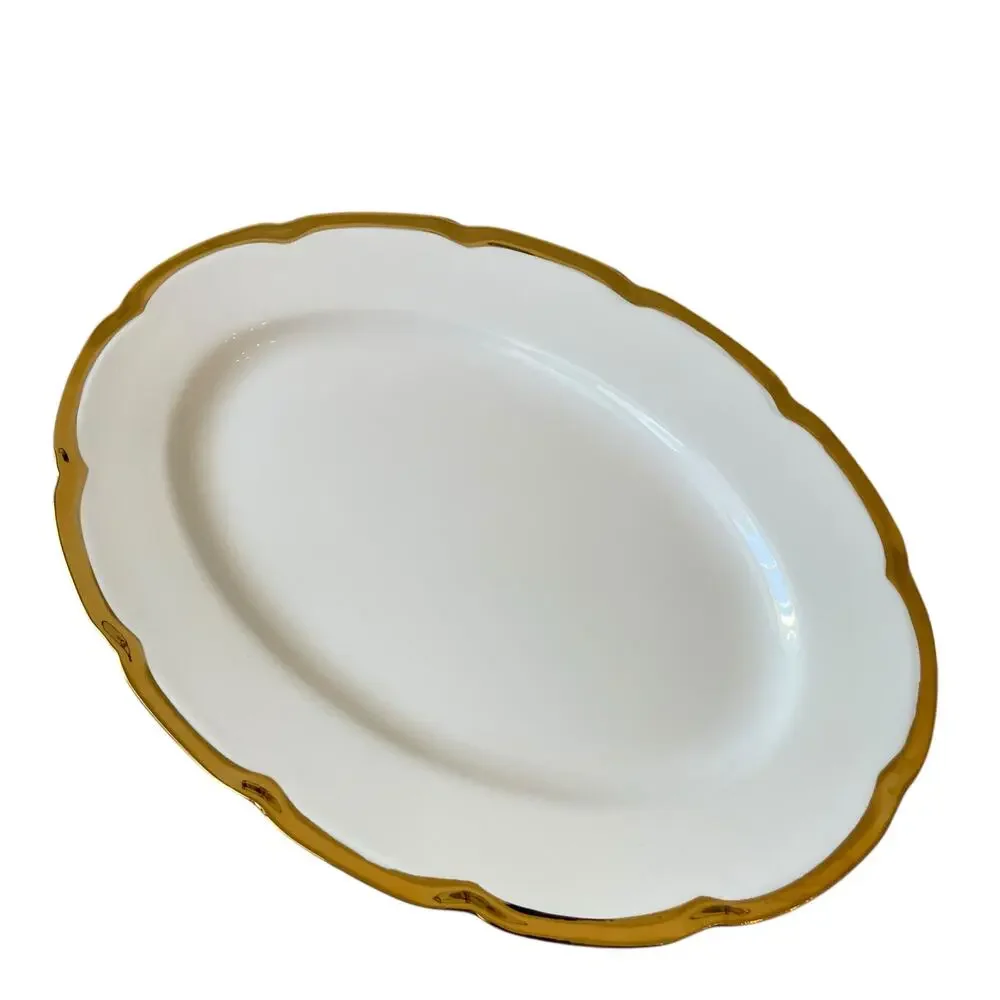 Yedi White Oval Serving Platter 14in Ceramic Gold Rim New
